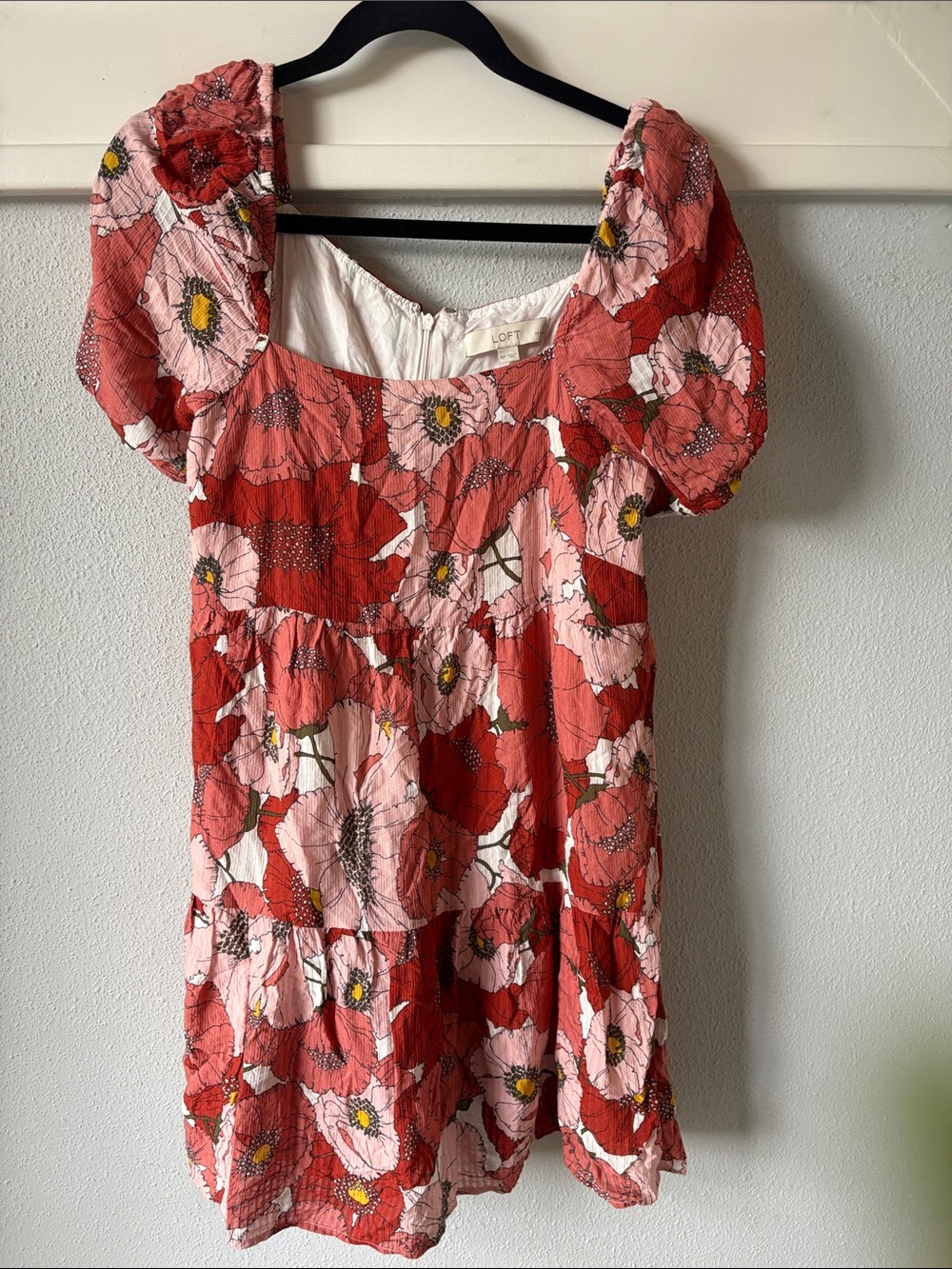 LOFT Red and Pink Floral Puff-Sleeve Mini Dress